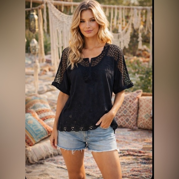 Unbranded Tops - Chic Black Lace Crochet Eyelet Blouse Embroidered Festival Boho Peasant Goth